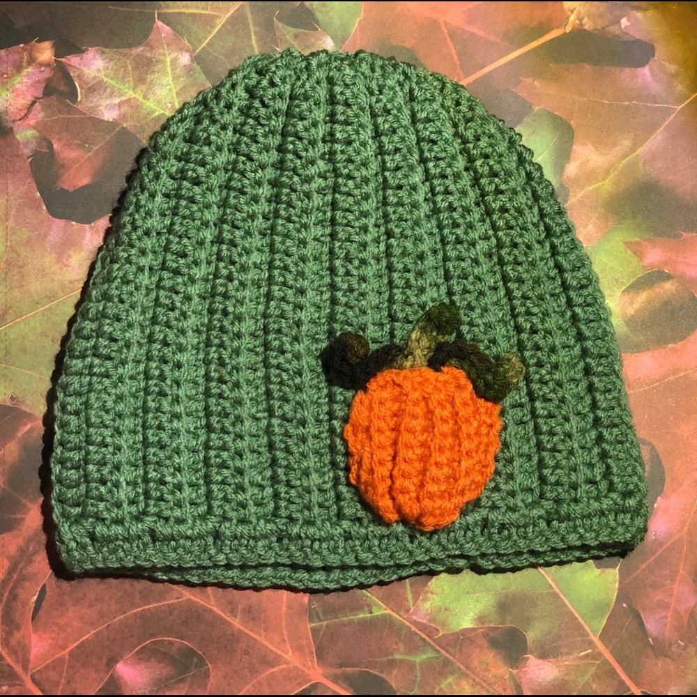 Fall beanie with pumpkin adult size green handmade